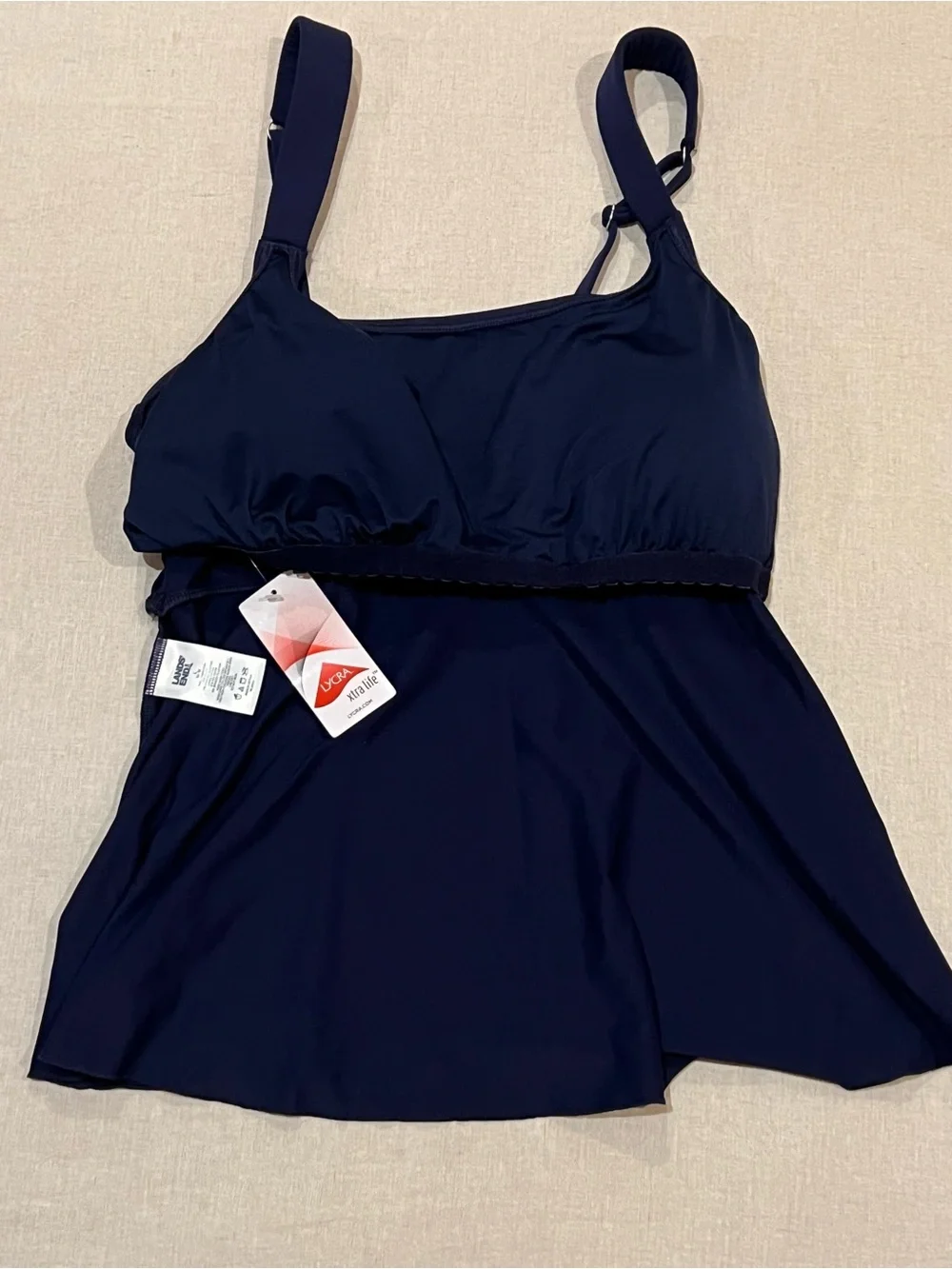 NWT Lands End Women Flutter Scoop Neck Tankini Swimsuit Top L 14 to 16 Navy Blue